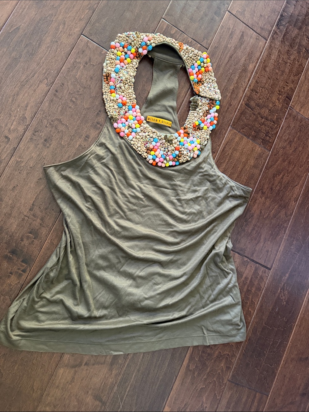 Alice + Olivia Scoop Neck Embellished Top
Olive Green | Size: L